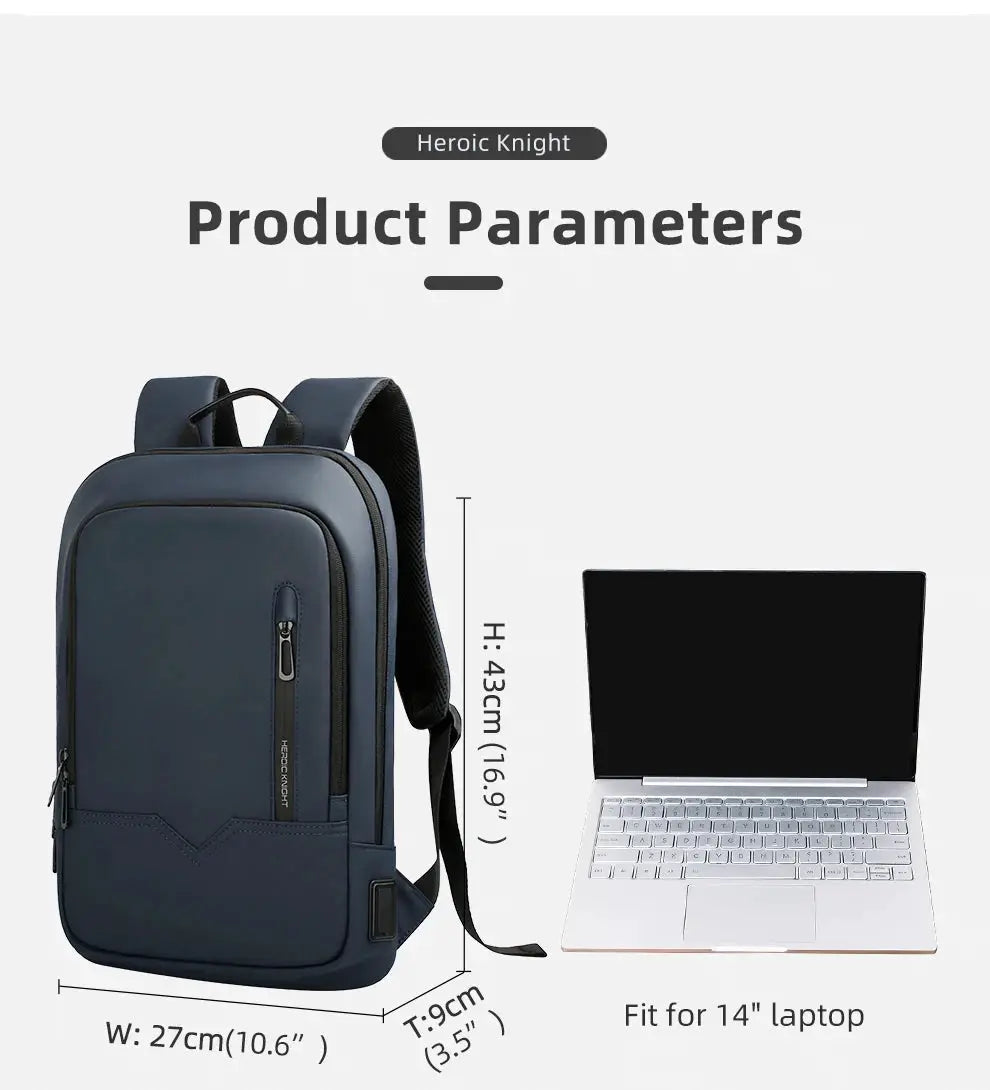 HK Slim Backpack for Men in navy blue, waterproof laptop bag with USB charging; fits 14-inch laptop