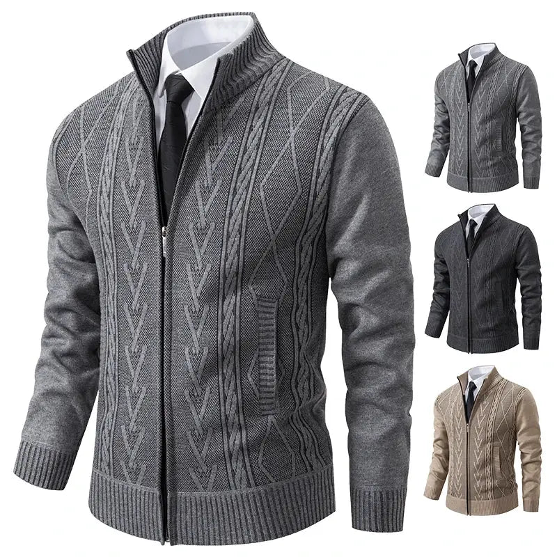 Men's cashmere padded zip-up sweater coat in gray with geometric cable knit; 4-color set by Simples Market