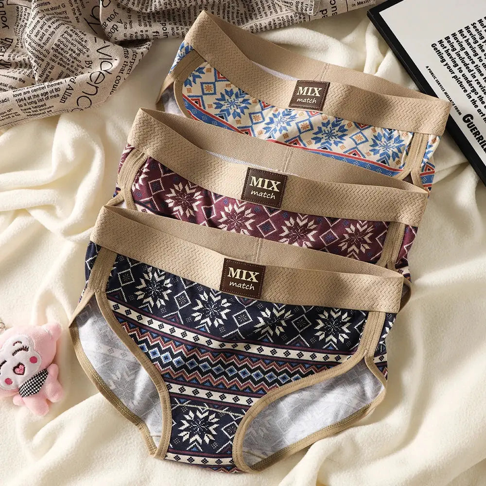 3-pack cotton women's briefs with vintage prints in blue, burgundy, navy; beige waistbands, MIX match label