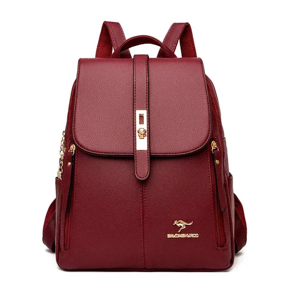 Women’s burgundy leather backpack by Simples Market; large-capacity travel/school bag.