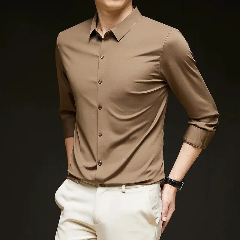 Premium Men's Ultra-Stretch Shirt in tan silky fabric, long sleeves