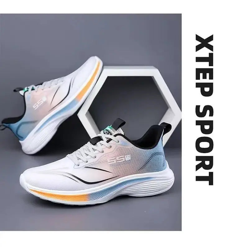 Running shoes for men by XTEP SPORT; gradient white-to-pink upper, blue and orange sole accents, two pairs.