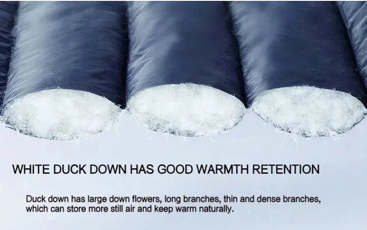 Men's down jacket insulation with white duck down, close-up view