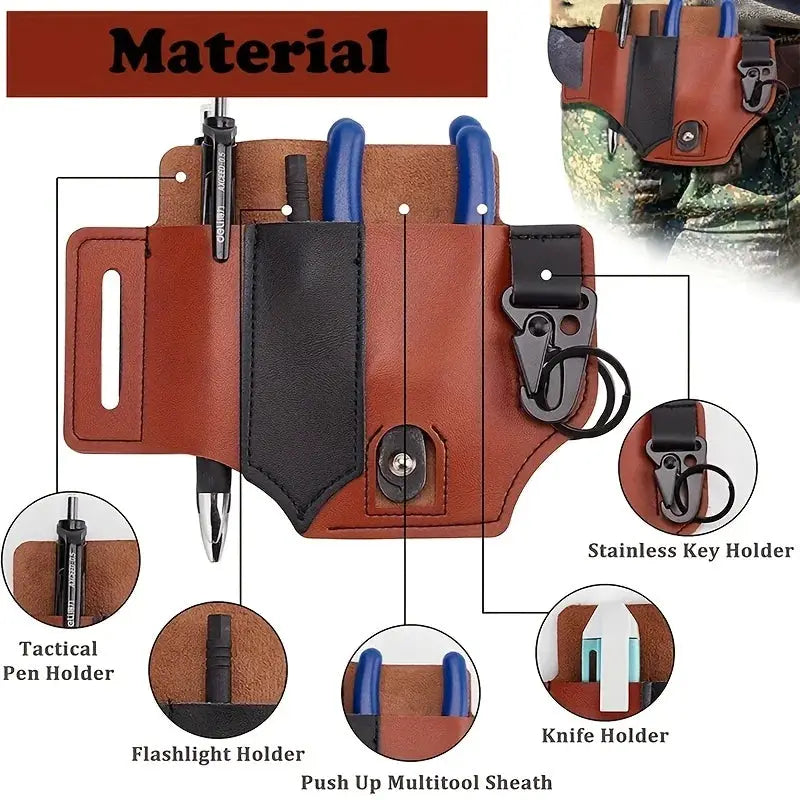 Tactical leather tool belt holster in brown PU leather with multitool sheath, pen and knife holders by Simples Market