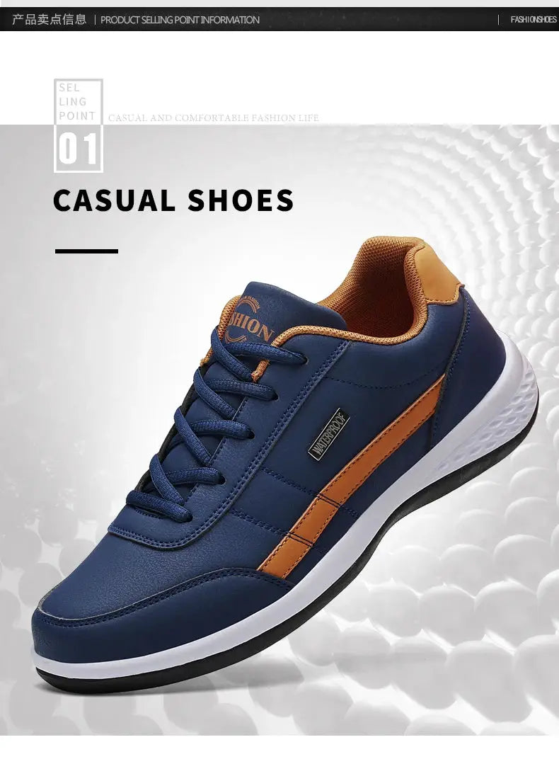 Leather men’s sneakers by Simples Market in blue with an orange stripe, breathable casual non-slip footwear.