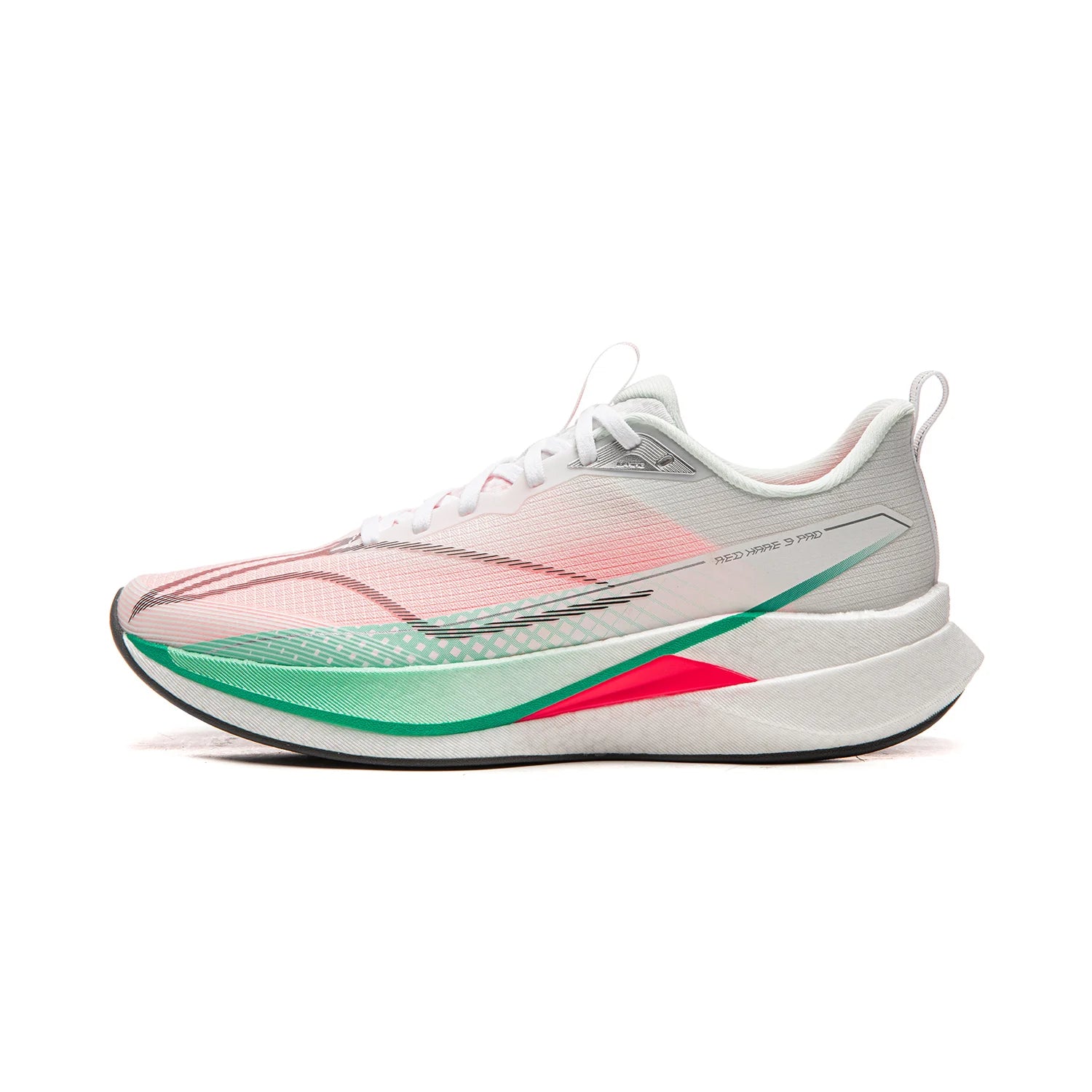Li-Ning men's Red Hare 9 Pro racing running shoes; white-pink upper, mint-green midsole, reflective accents