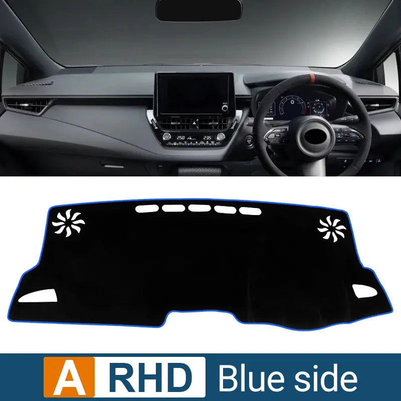 Dashboard sun shade cover for Toyota Corolla E210, black with blue trim, non-slip mat