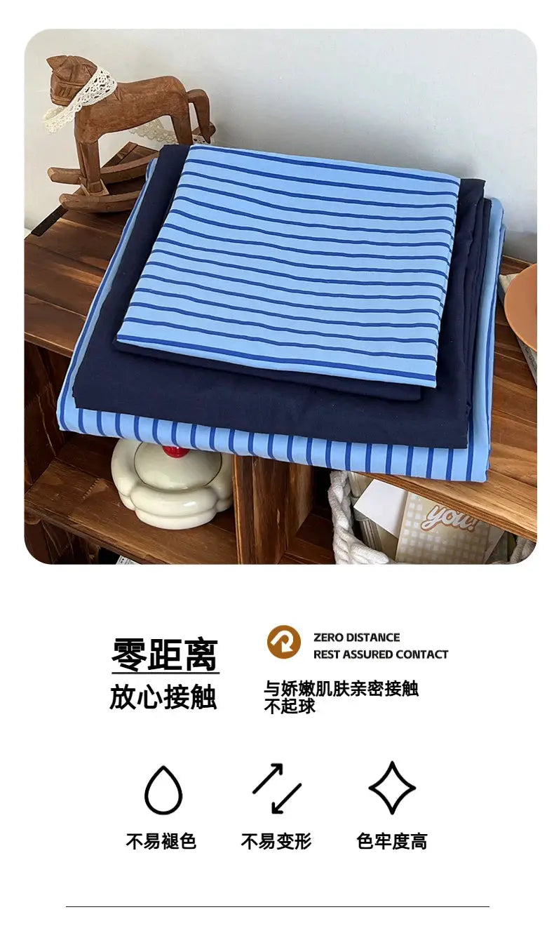 Bedding set INS blue stripe style by Simples Market, duvet cover, pillowcase and bedsheet in navy and light blue stripes