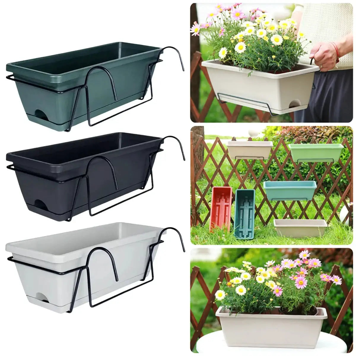 Simples Market rectangular plastic balcony planter with tray and rack; shown in green, black, and white.