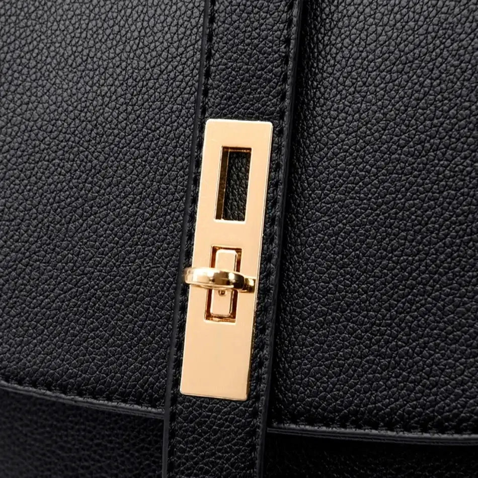 Women's leather backpack by Simples Market with gold-tone rectangular clasp on black pebbled leather