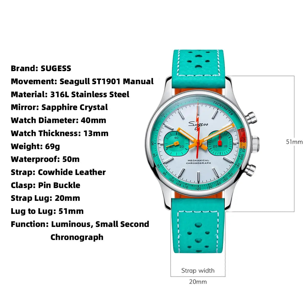 Sugess men's chronograph wristwatch with turquoise strap and sapphire crystal