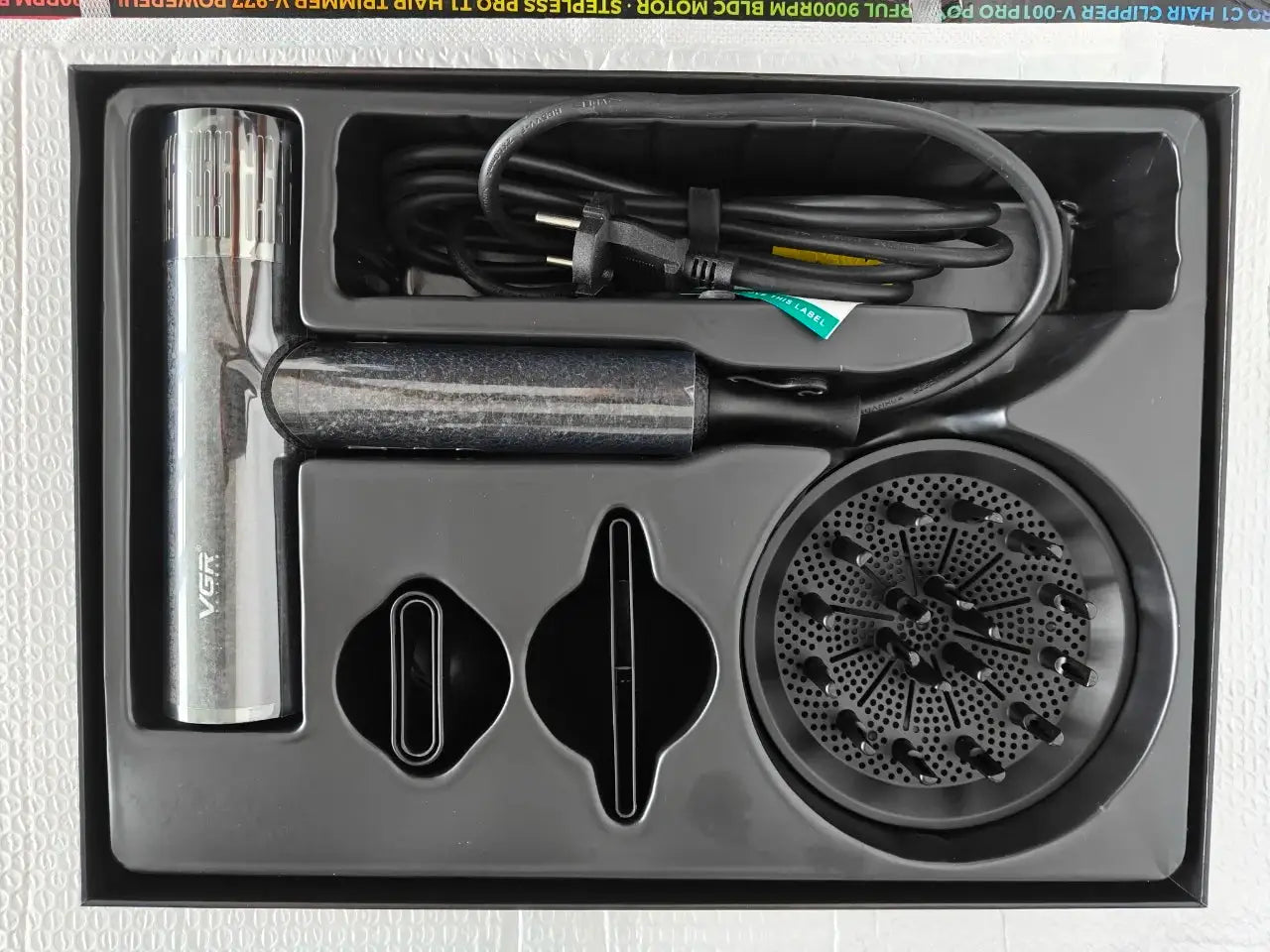 VGR professional silver hair dryer with diffuser, attachments, and power cord in box