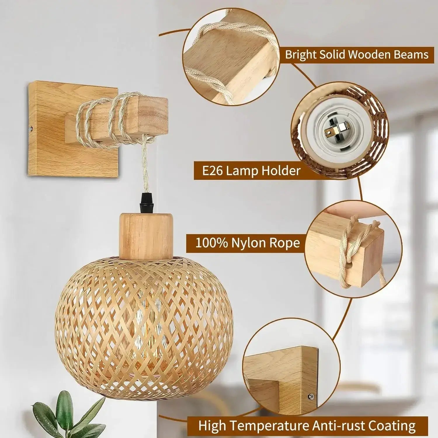 Simples Market bamboo lantern wall lamp in natural rattan with hand-woven wicker shade and E27 holder