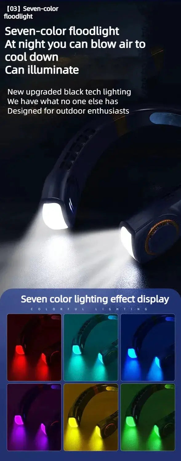 JKUOO Portable Neck Fan with LED lights Simples Market USB rechargeable bladeless shows seven color lighting options