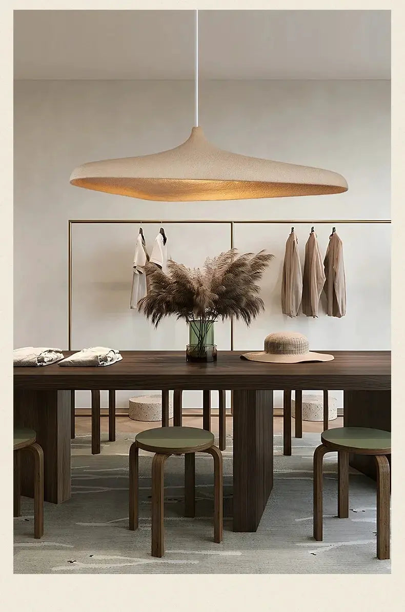 Simples Market Japanese Wabi Sabi LED pendant light with beige ceramic shade and warm gold interior.