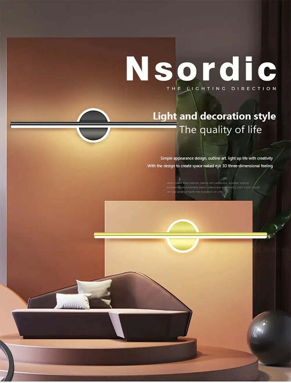 Simples Market modern LED wall lamp 40/60cm long strip, black and gold finishes; two styles shown