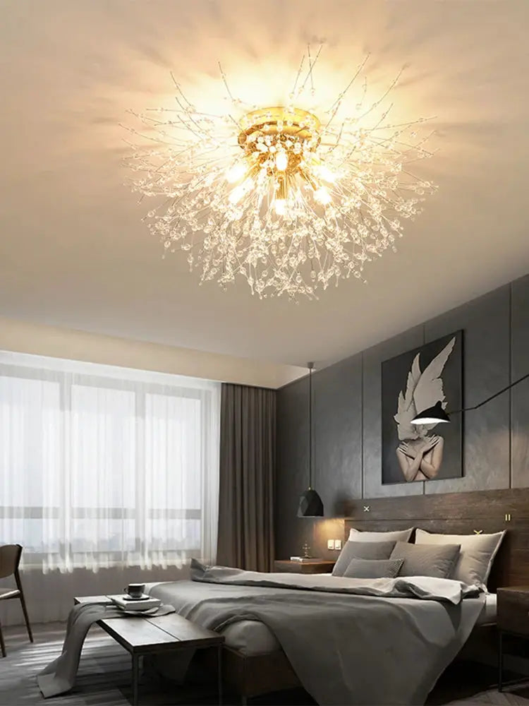 IRALAN crystal LED ceiling lamp with gold finish and sparkling crystal strings, 3-color light options, in a modern bedroom.