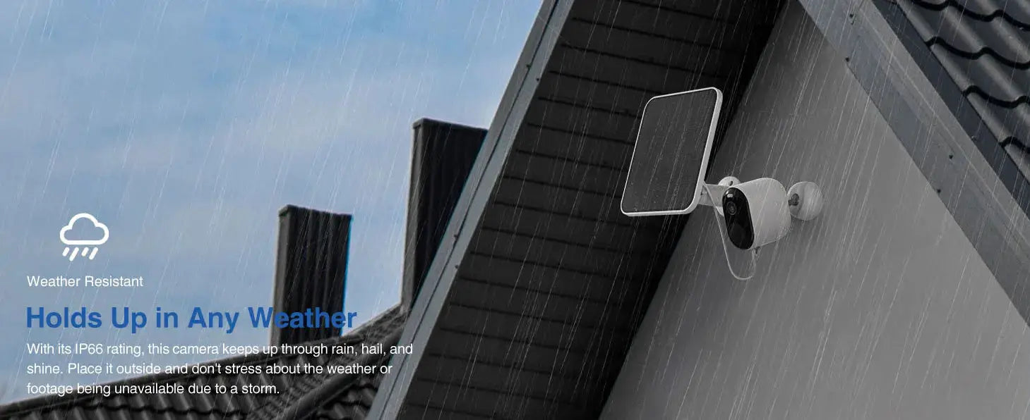 IMILAB EC4 outdoor security camera with white housing, wall-mounted in rainy weather.