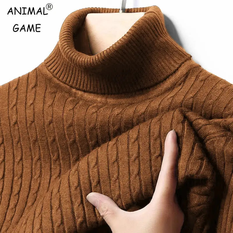 Men's brown ribbed turtleneck sweater, knitted pullover with vertical rib pattern, Animal Game logo visible