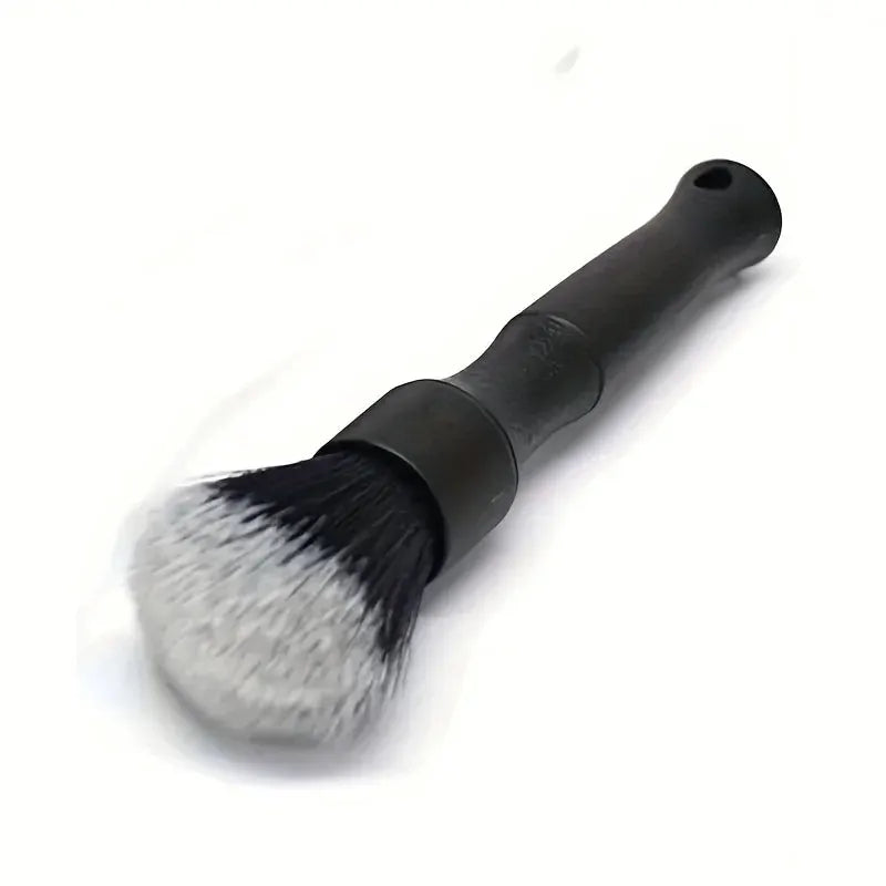 Car detailing brush with black handle and ultra-soft gray synthetic bristles for interior dusting