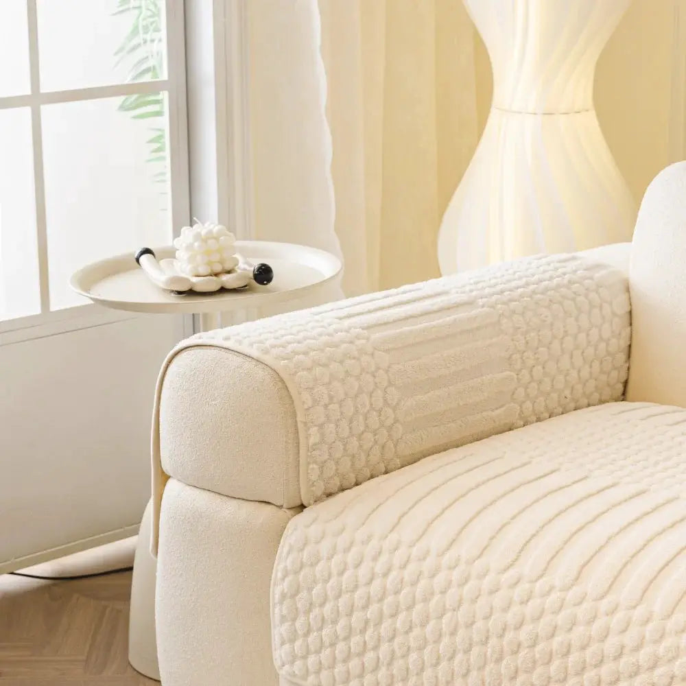 Sofa cover Simples Market thick geometric jacquard fleece anti-slip cream color