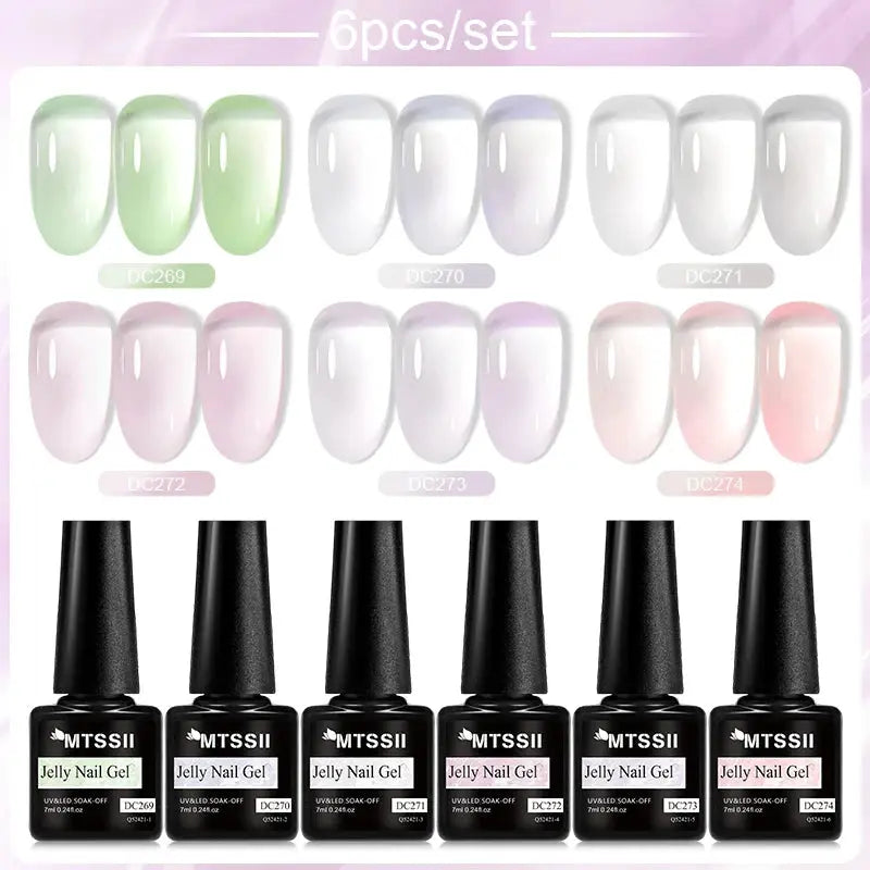 MTSSII Jelly Glass Gel Nail Polish 6-piece set with soak-off UV polishes in pastel greens to pinks by Simples Market