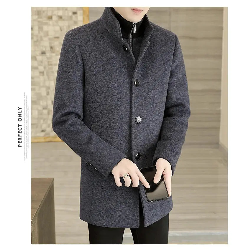 Men's long wool coat in charcoal gray with removable thickened down inner liner
