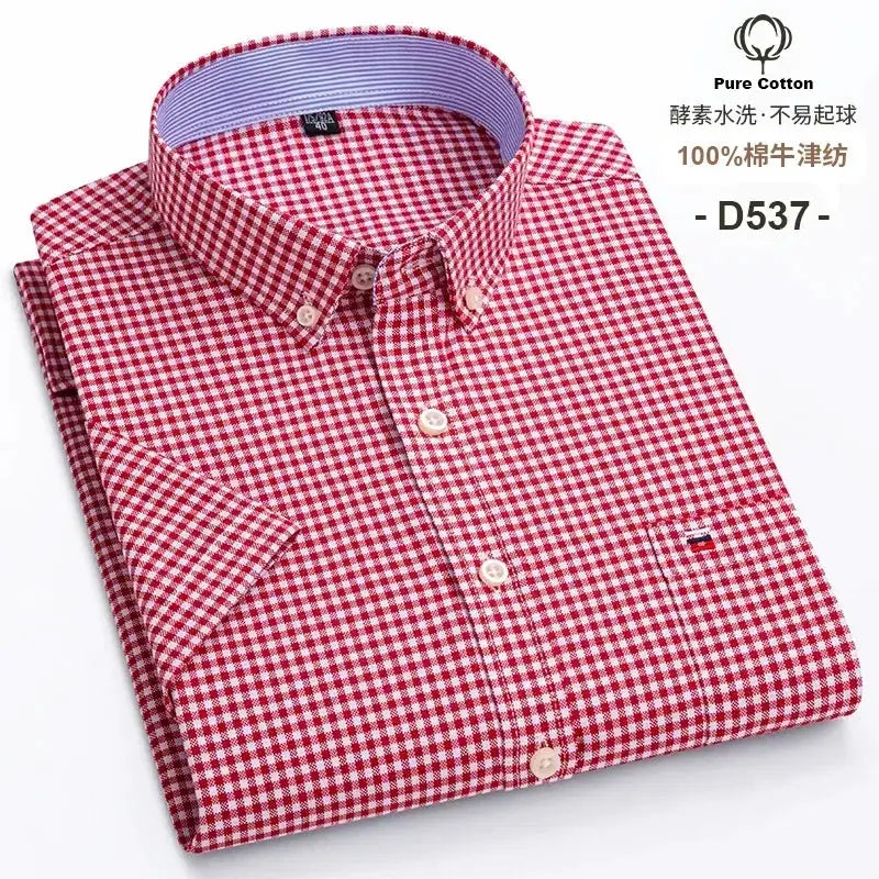Men's red and white plaid 100% cotton Oxford shirt, button-down collar, folded