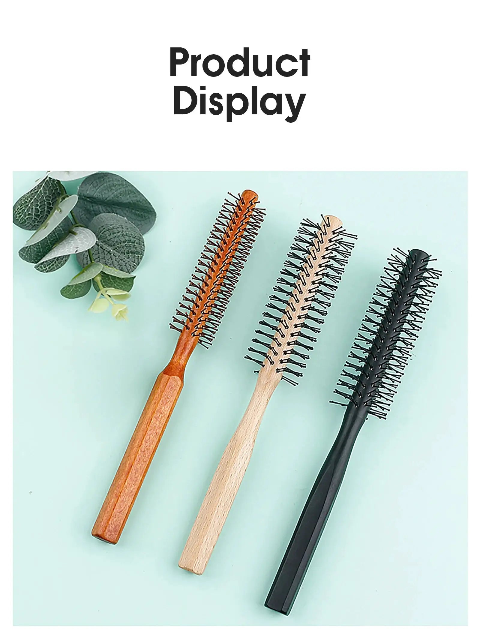 Simples Market set of 3 wooden-handle nylon-teeth round hair brushes in orange, natural, and black