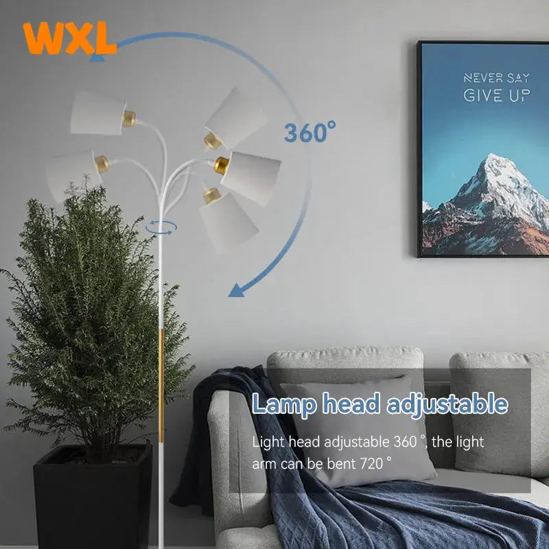 Floor lamp by Simples Market, white metal LED standing lamp with adjustable multi-heads for 360° rotation.