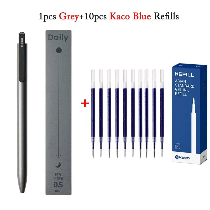KACO gel pen with silver metal body, 0.5mm black ink; comes with 10 blue refills and refill box