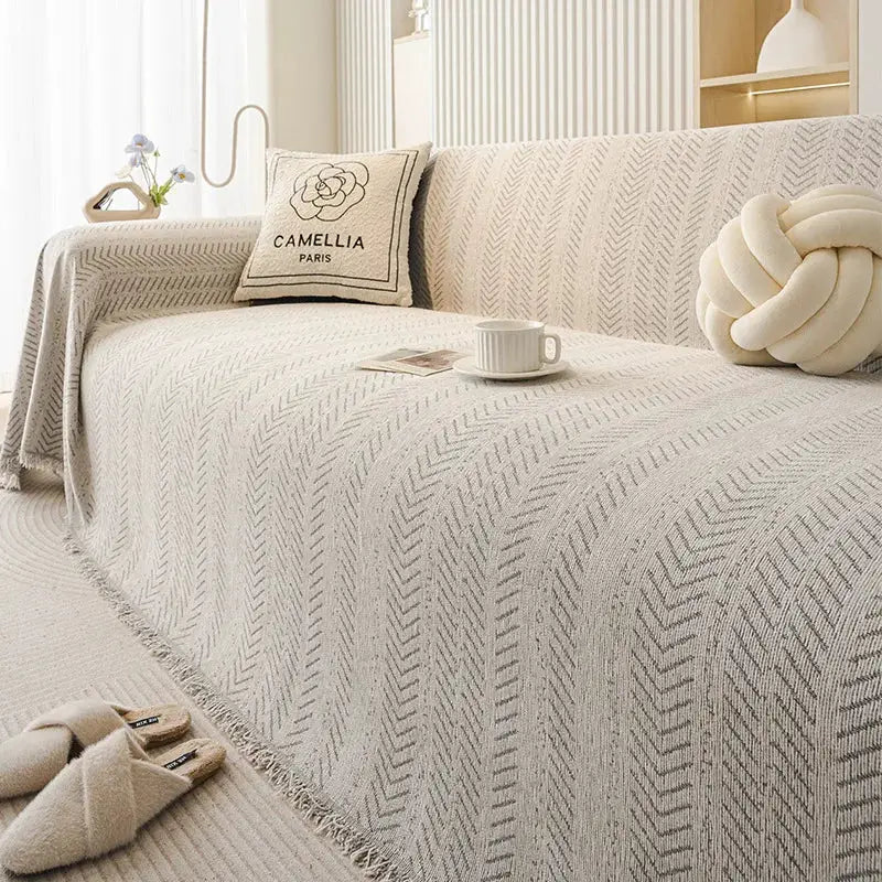Home sofa cover for 3-seater in beige fishbone pattern, stain-resistant and anti-cat-scratching full set