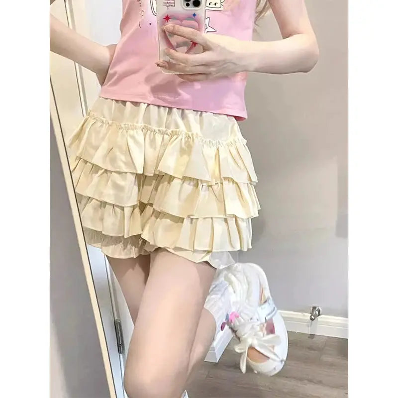 MEXZT Y2K Sweet Ruffles Mini Skirt by Simples Market, cream layered high-waist A-line skirt