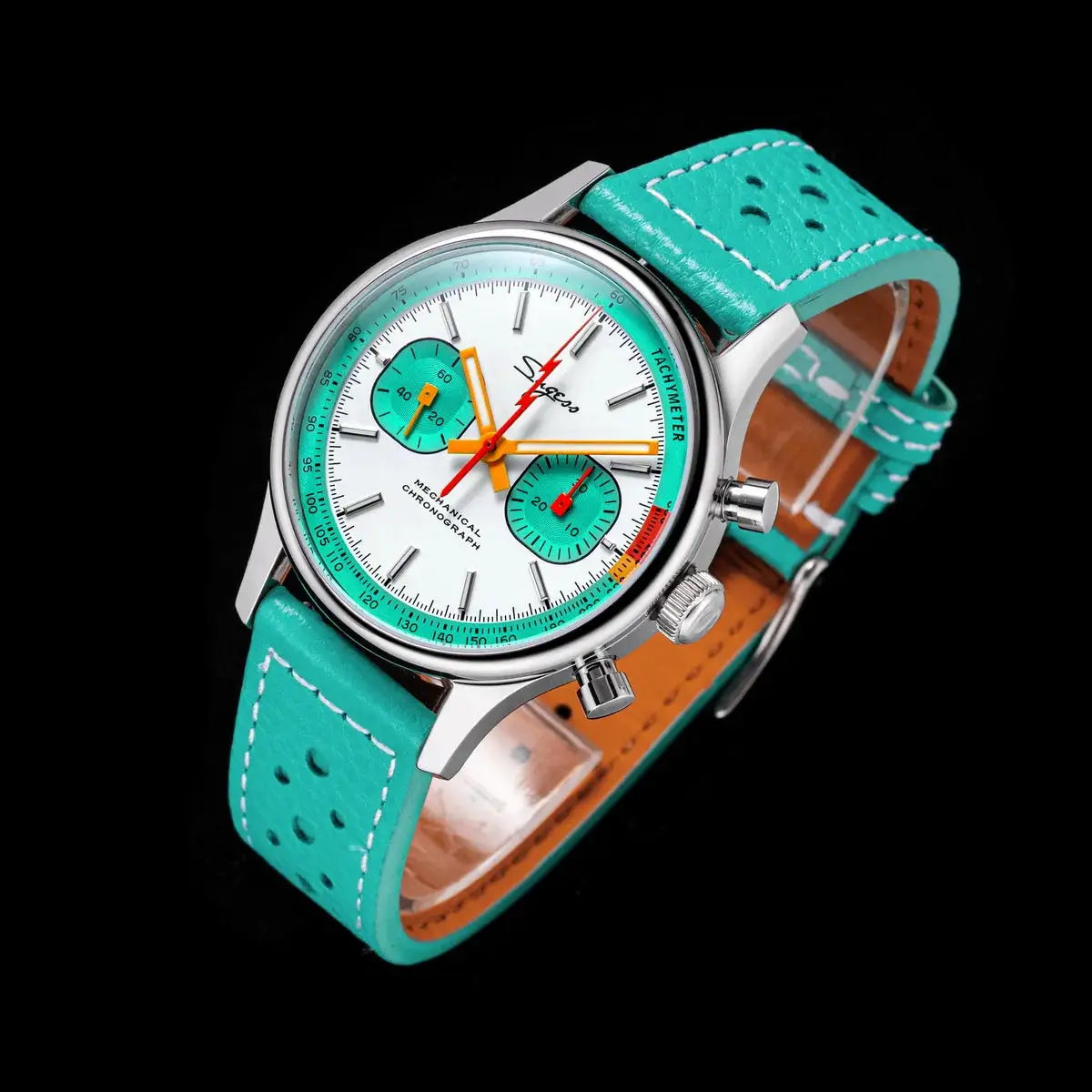 Sugess chronograph watch with turquoise leather strap, white dial, teal subdials, stainless steel case