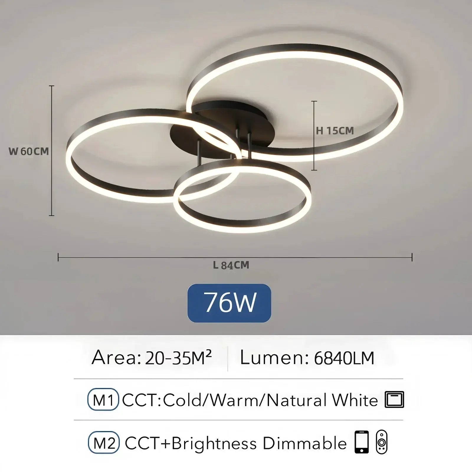 Simples Market modern ceiling chandelier with three interlocking black LED rings and remote control
