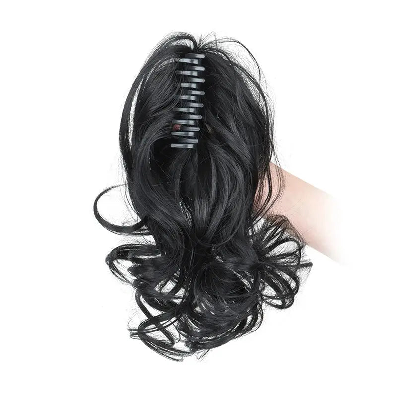 Ponytail extension, 12-inch synthetic curly, black with claw clip, by Simples Market.