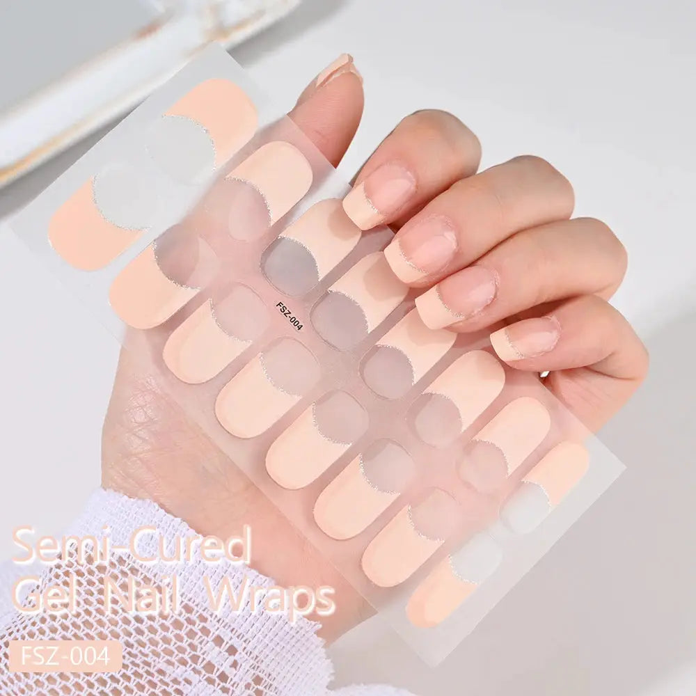Simples Market Semi-Cured Gel Nail Wraps in peach nude with silver glitter edge, full-cover decals