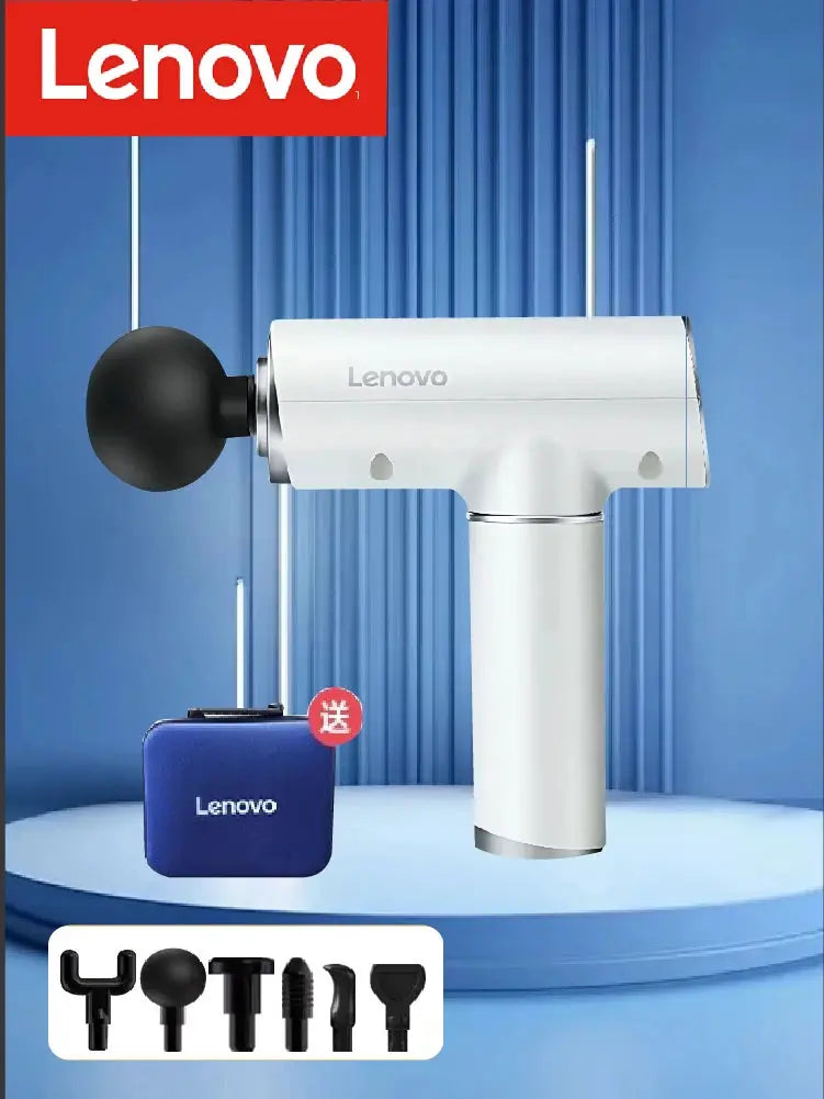 Lenovo 6-head fascia gun handheld massager, white body with black head, includes blue carrying case.