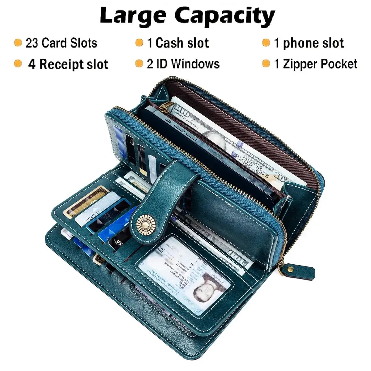 Simples Market RFID anti-theft long wallet clutch in teal leather with 23 card slots and zipper pocket