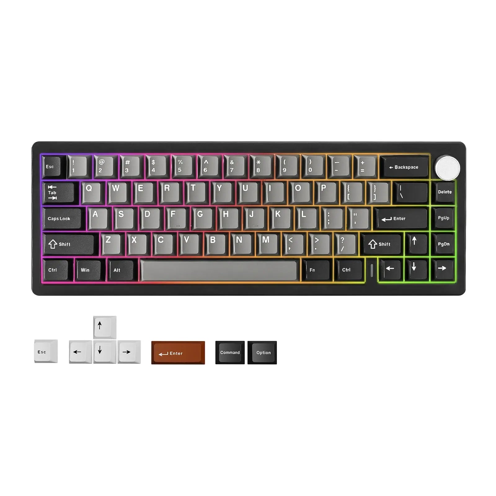 YUNZII AL68 wireless aluminum mechanical keyboard with RGB backlighting and rotary knob, plus extra keycap set