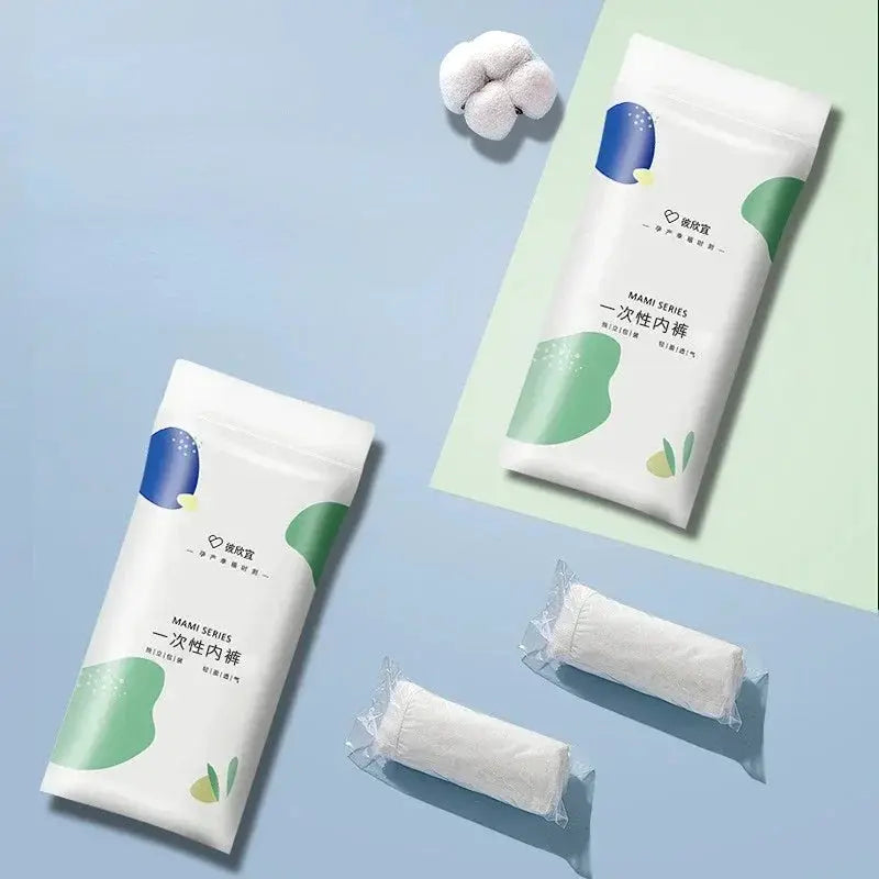 Disposable maternity panties by Simples Market; white packets with blue-green design, includes two wrapped briefs