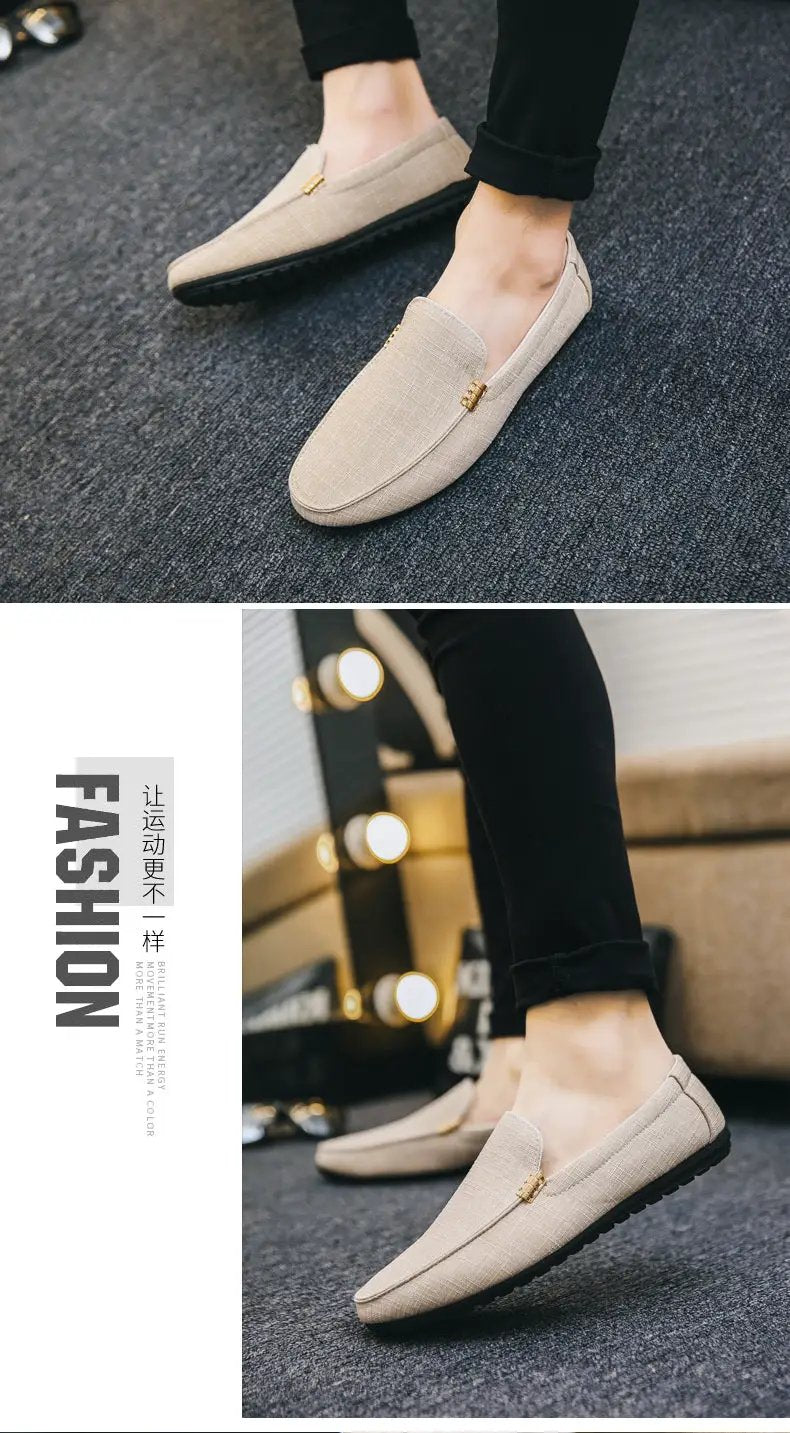 Men's beige canvas slip-on loafers with gold hardware and black rubber sole, casual and formal dress-ready