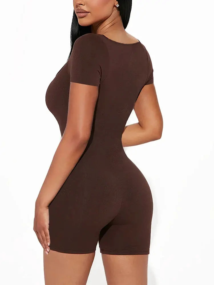 Jumpsuit brown short-sleeve U-neck; polyester one-piece for yoga fitness by Simples Market