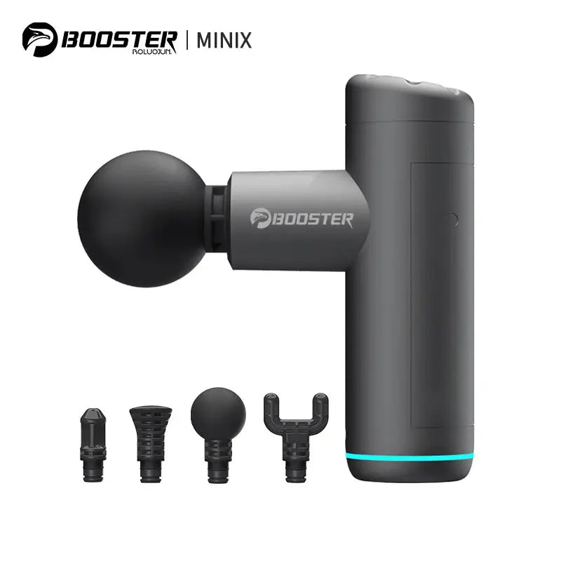 Booster MiniX massage gun by Simples Market in dark gray with 4 interchangeable attachments