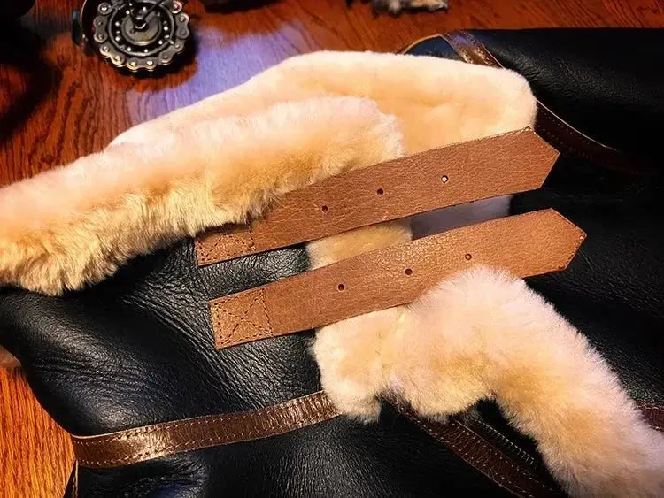 Air Force B3 shearling flight jacket, black leather with cream fur lining and tan leather belt straps