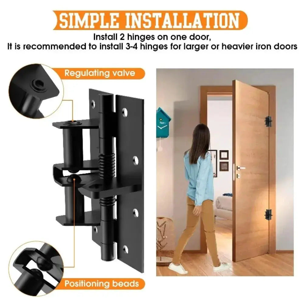 Simples Market 3-in-1 automatic self-closing door hinge with regulating valve and positioning beads, black.