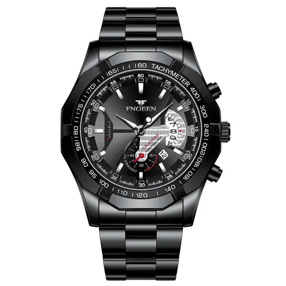 Men's black stainless steel quartz watch with tachymeter bezel, date window and subdials.