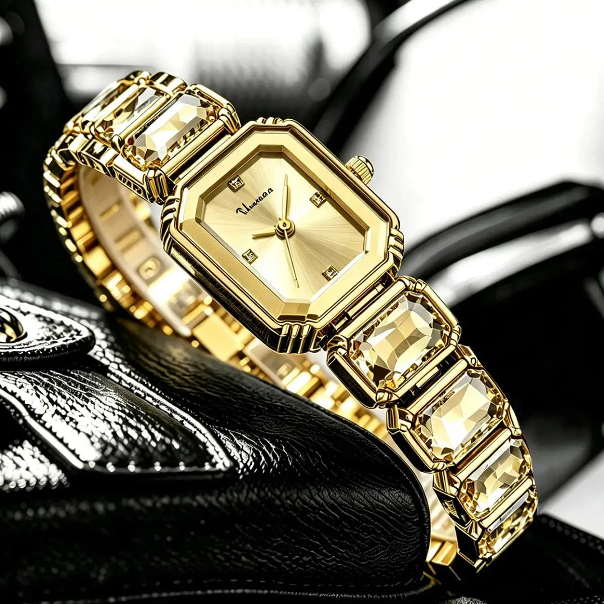 Women's square rose gold-tone watch with rhinestone accents on a stainless steel bracelet by Simples Market