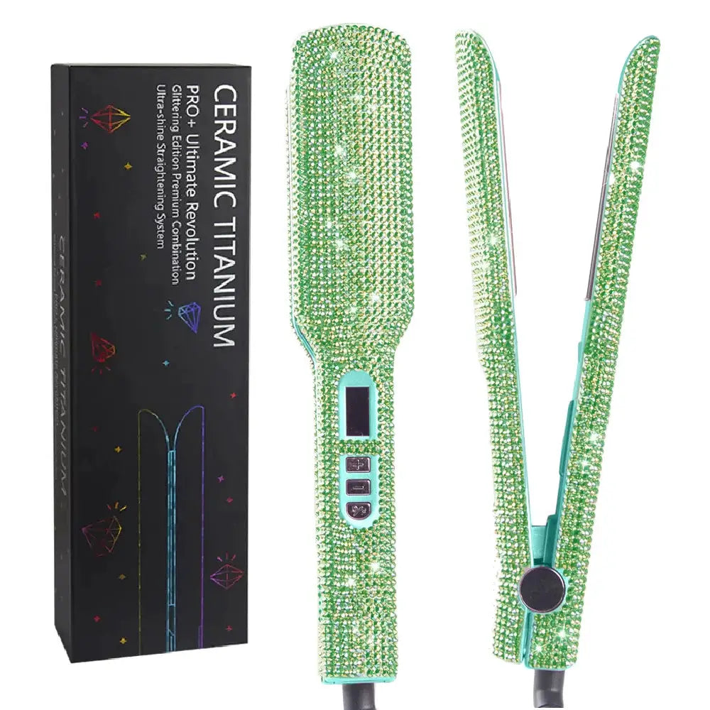 Rhinestone green titanium hair straightener with dual voltage, LCD display and 2-inch plates by Simples Market