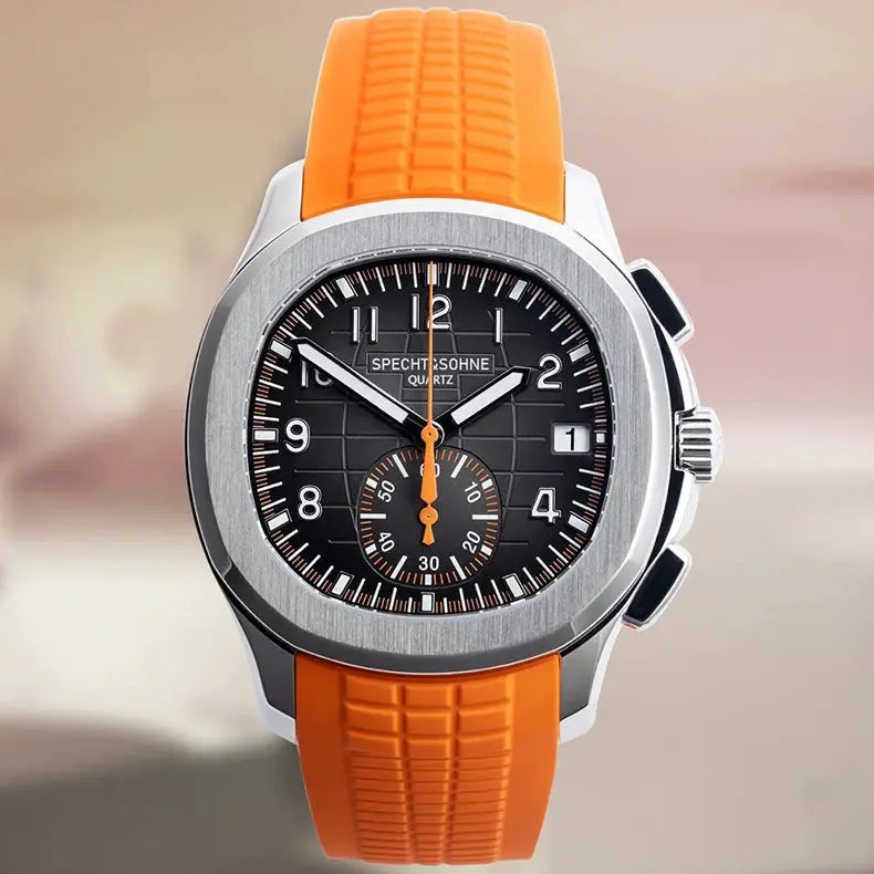 Specht & Söhne New Classic 5167 men's watch with orange rubber strap, black dial, stainless steel case